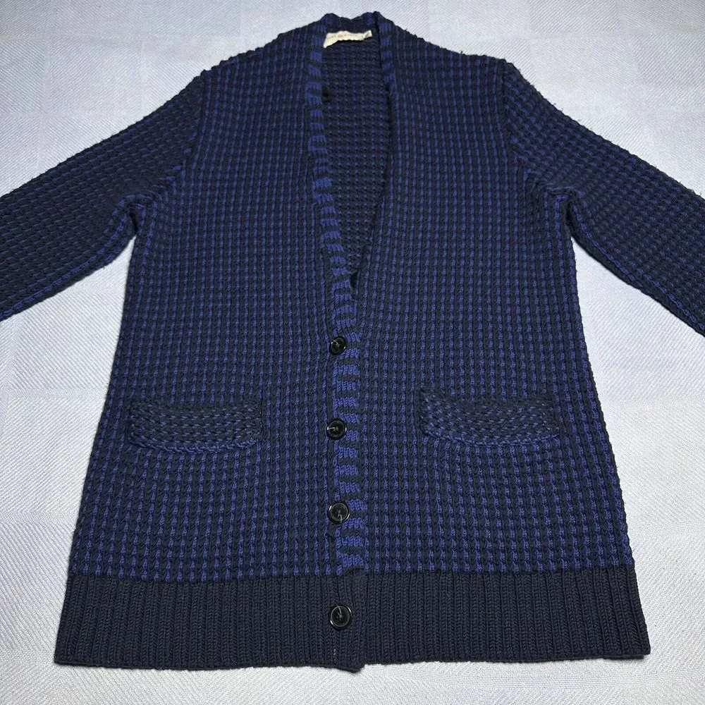 Tory Burch Black Blue Merino Wool Waffle Knit Cardigan‎ Sweater Women's Sz Large